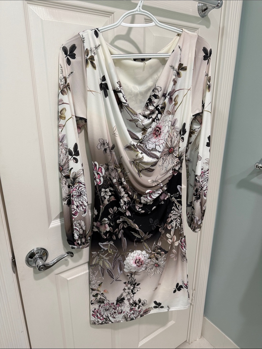 Hale Bob Cream-to-Brown Floral Ombre Puff-Sleeve Midi Dress S